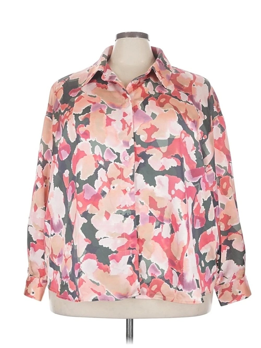 Eloquii Coral, Pink and Gray Watercolor Floral Button-Down Shirt